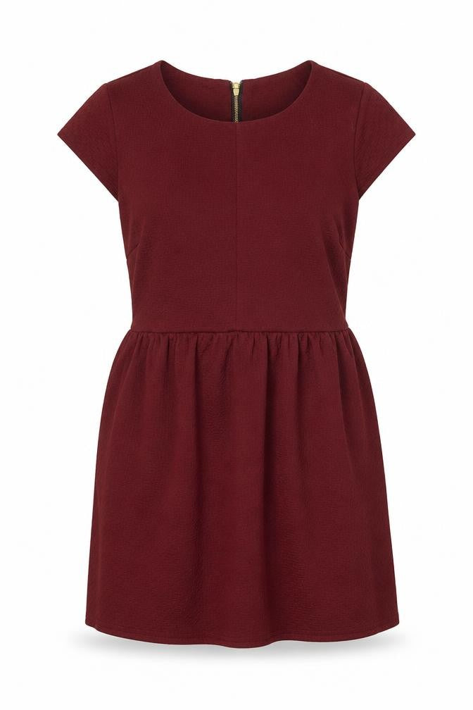 Front view of Therapy women’s red polyester fit & flare, size UK 12, boat neck zip