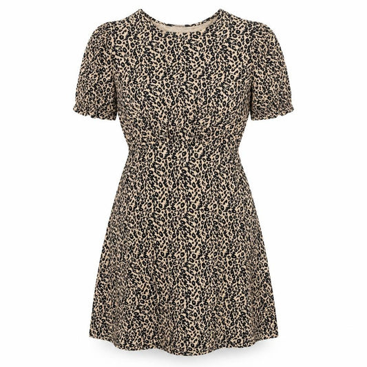Front view of Marks & Spencer women’s beige animal print viscose a-line, size UK 12, round neck pullover
