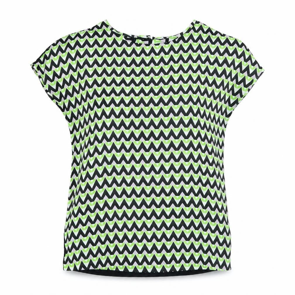 Front view of Marks & Spencer women’s multicoloured geometric viscose basic blouse, size UK 8, round neck