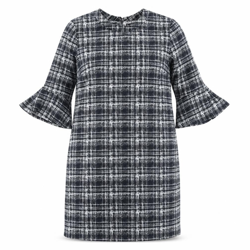 Front view of Dorothy Perkins women’s black plaid polyester a-line, size UK 14, round neck hook & loop