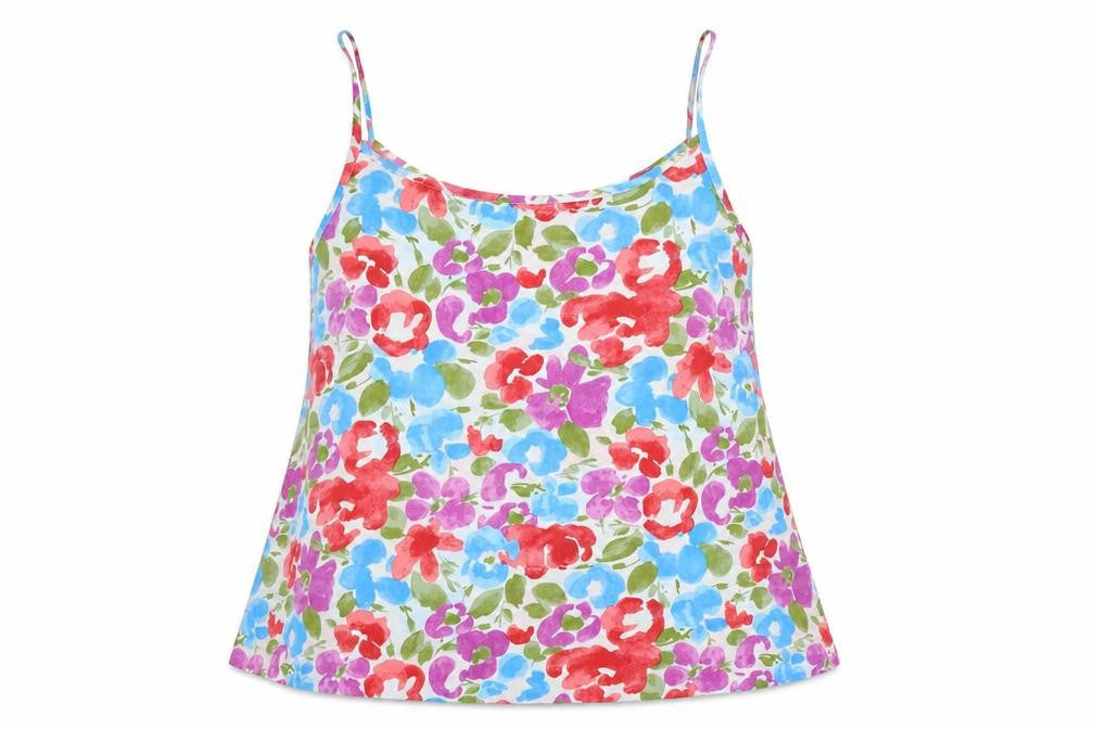 Front view of Peacocks women’s multicoloured floral polyester camisole blouse, size UK 14, round neck