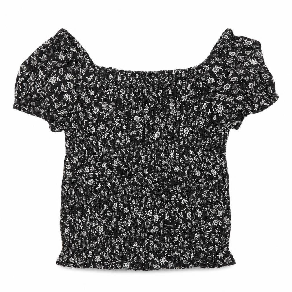 Front view of Marks & Spencer girls’ grey floral viscose basic blouse, size 8-9, years square neck pullover