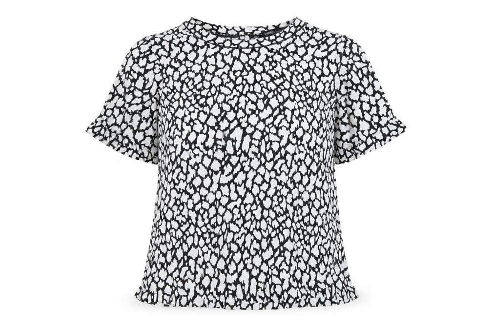 Front view of Marks & Spencer women’s white geometric viscose basic blouse, size UK 8, round neck