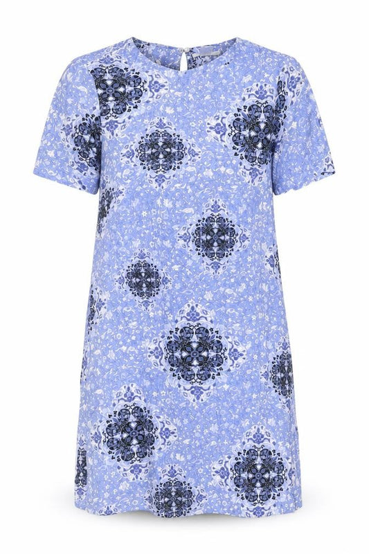 Front view of H&M women’s blue geometric viscose a-line, size XS, round neck pullover