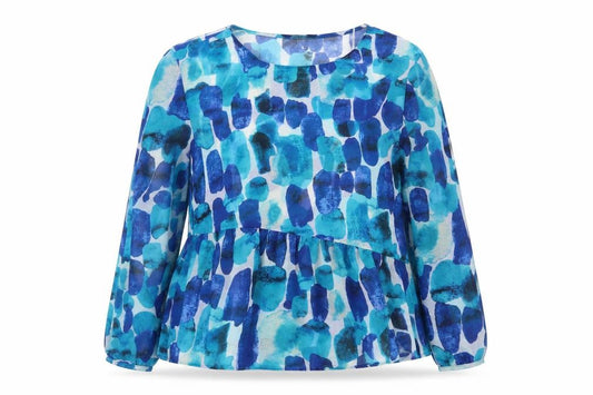 Front view of OPUS women’s blue geometric polyester basic blouse, size UK 10, round neck