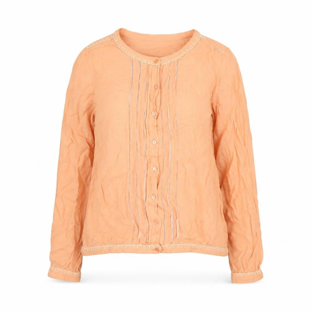 Front view of Fransa women’s orange viscose basic button-up, size S, round neck