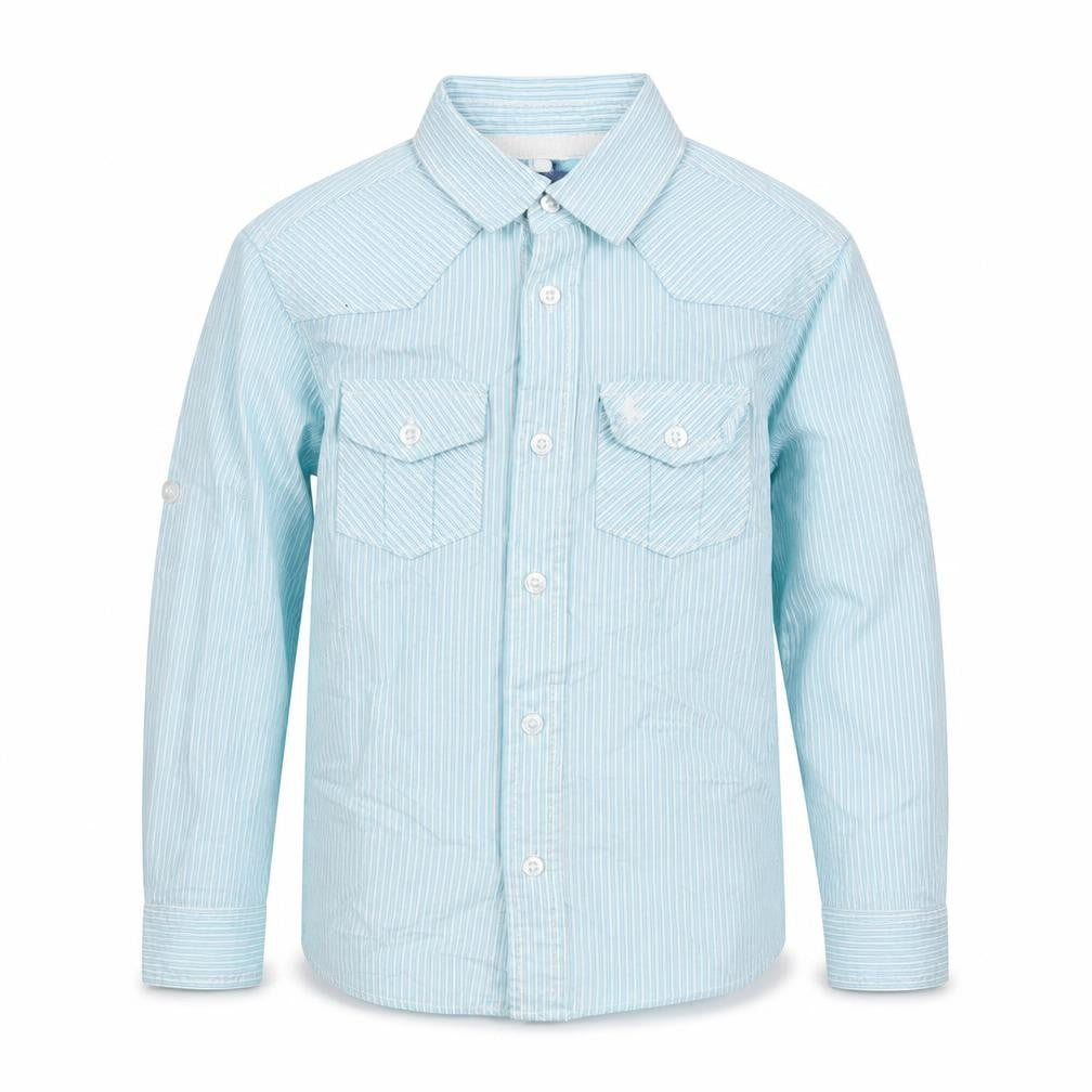 Front view of Rebel boys’ blue striped cotton jersey button-up, size 6-7, years collared button