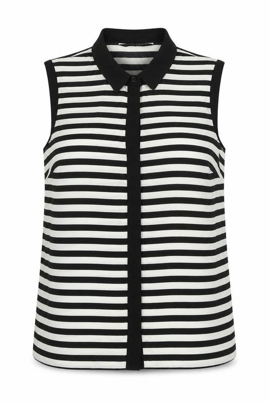 Front view of Dorothy Perkins women’s black striped polyester basic button-up, size UK 8, collared