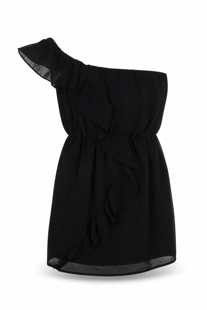 Front view of Lipsy women’s black polyester mini, size UK 10, one shoulder pullover