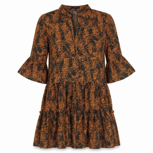Front view of Boohoo women’s black geometric polyester shirt dress, size S, v-neck pullover