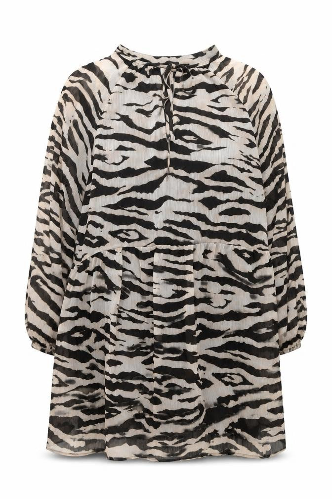 Front view of H&M women’s ivory animal print polyester trapeze & swing, size M, mock neck tie