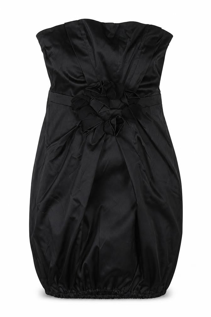 Front view of Kookai women’s black polyester mini, size UK 12, off the shoulder zip - tie string