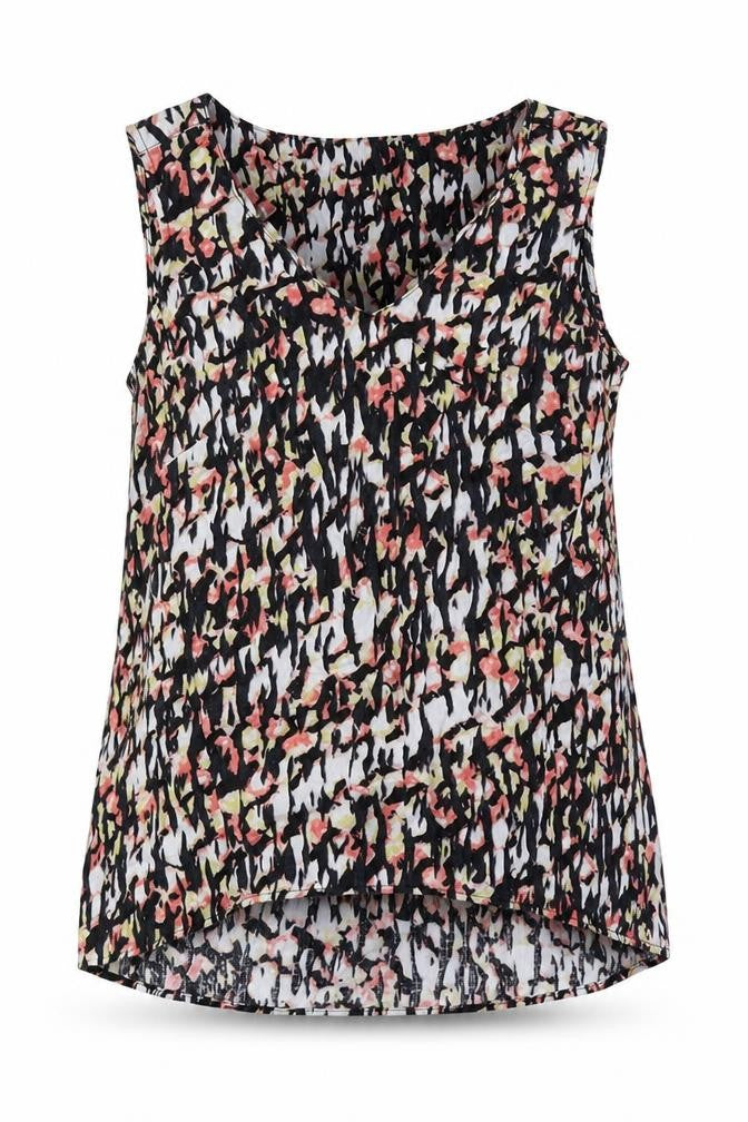 Front view of Marks & Spencer women’s multicoloured geometric flax basic tank, size UK 12, v-neck