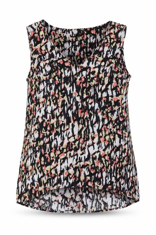 Front view of Marks & Spencer women’s multicoloured geometric flax basic tank, size UK 12, v-neck