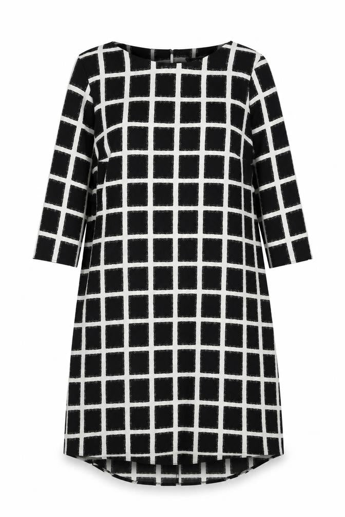 Front view of New Look women’s black check polyester a-line, size UK 8, round neck button