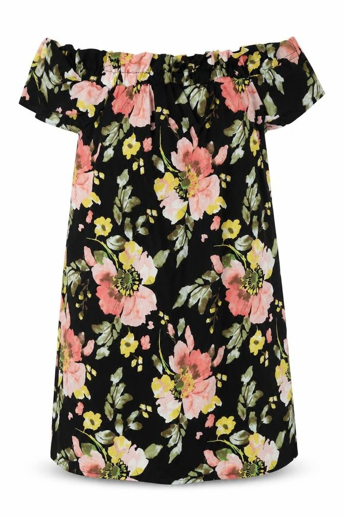 Front view of Atmosphere women’s multicoloured floral polyester mini, size UK 6, off the shoulder pullover