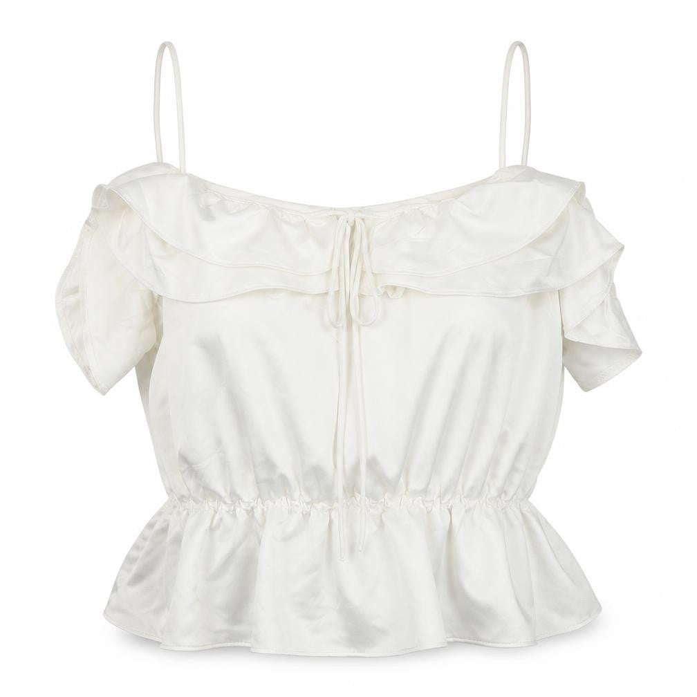 Front view of Topshop women’s ivory polyester camisole blouse, size UK 14, round neck
