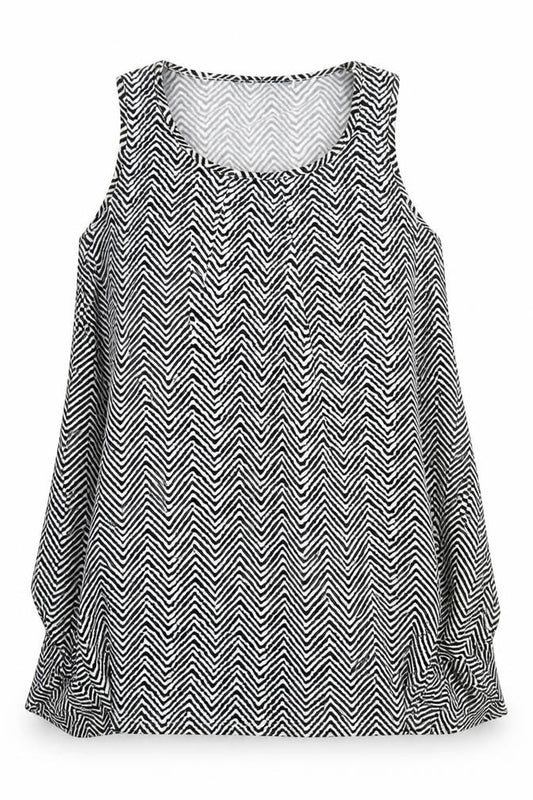 Front view of QED London women’s white geometric polyester basic tank, size S, scoop neck