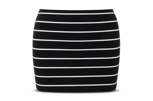 Front view of New Look women’s black striped polyester bandage skirt, size UK 10, drawstring