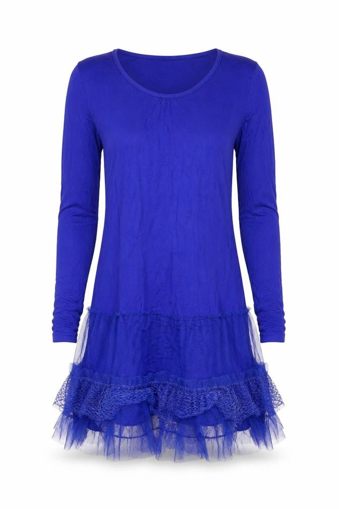 Front view of maElla women’s blue viscose bodycon, size M, round neck pullover