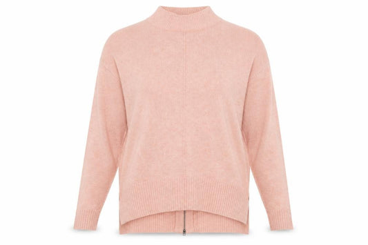 Front view of Debenhams women’s pink round neck acrylic jumper, size UK 12, - zipped back