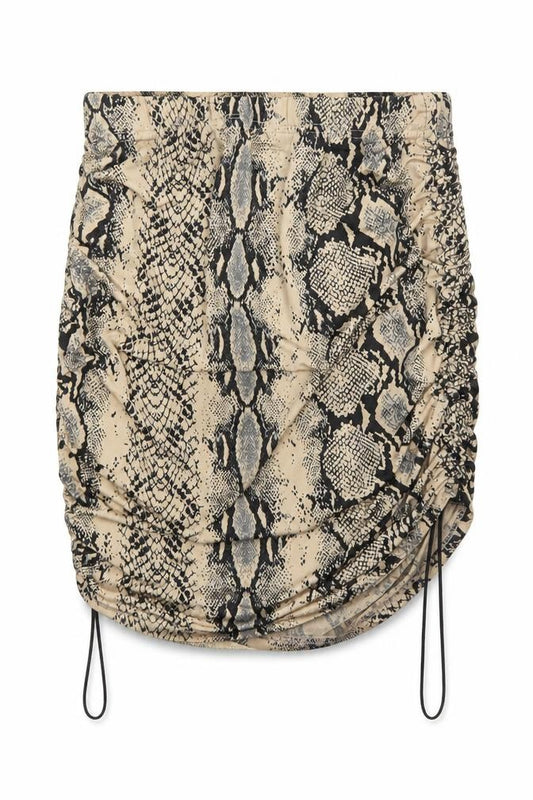 Front view of PRETTYLITTLETHING women’s brown animal print polyester mini skirt, size UK 8, drawstring - ruched
