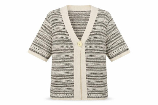 Front view of Bonmarché women’s beige v-neck striped acrylic cardigan jumper, size S
