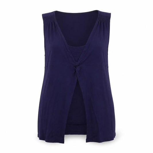 Front view of Olsen women’s blue viscose basic tank, size UK 14, scoop neck