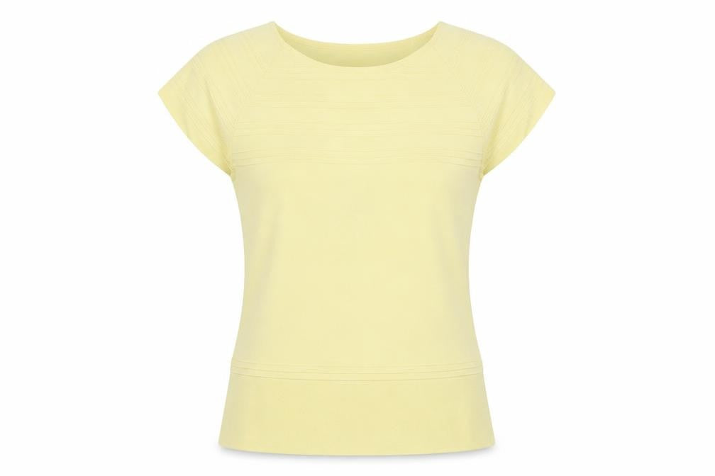 Front view of Sky Designs women’s yellow viscose basic t-shirt, size M, round neck