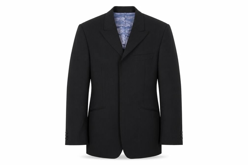 Front view of Burton men’s black striped polyester jacket suit jacket, size 38