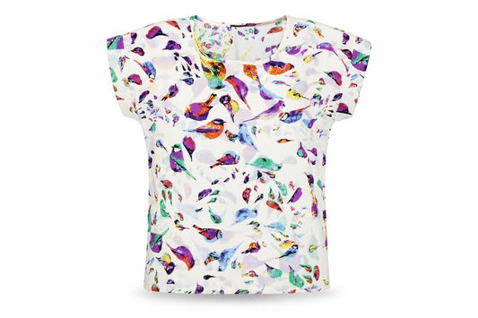Front view of HXY women’s multicoloured geometric polyester basic polo, size L, round neck - bird print box tee