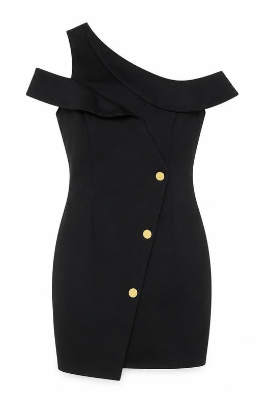 Front view of ASOS women’s black polyester bodycon, size UK 10, one shoulder pullover - cold shoulder detail