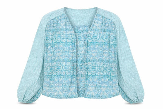 Front view of Indigo women’s blue floral kimono jacket, size UK 10