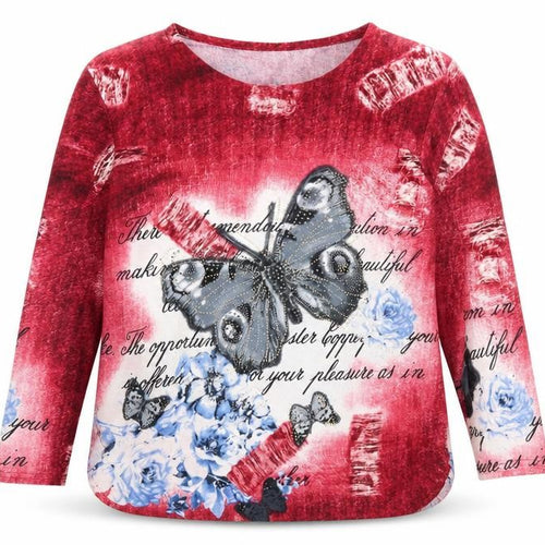 Elena Z Womens Red Round Neck Cotton Pullover Jumper Size XL - Butterfly