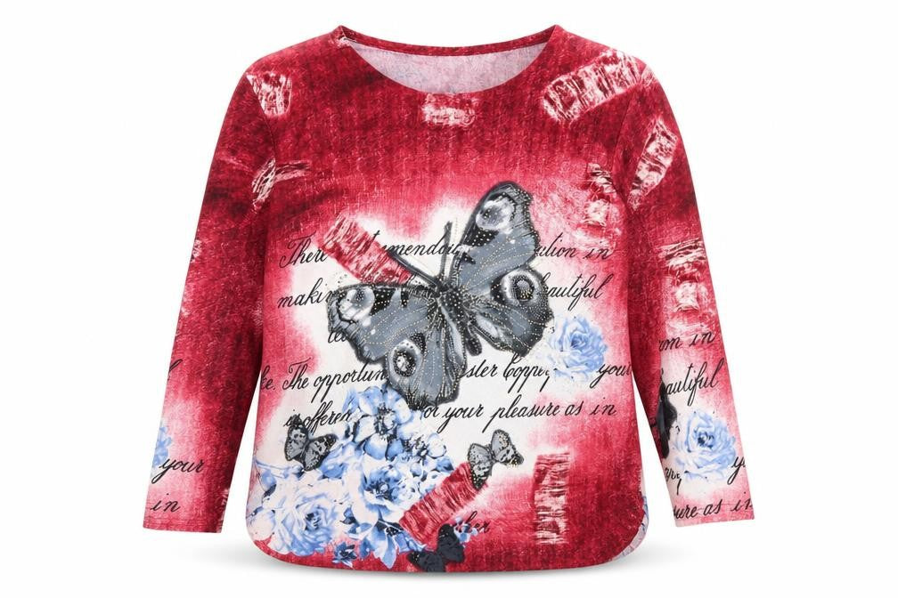 Elena Z Womens Red Round Neck Cotton Pullover Jumper Size XL - Butterfly