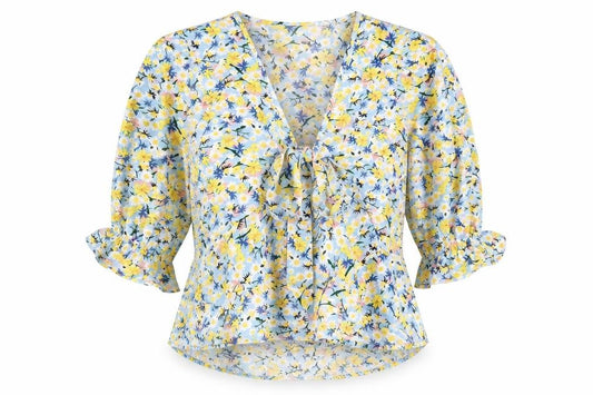 Front view of Quiz women’s blue floral polyester basic blouse, size UK 14, v-neck - tie front