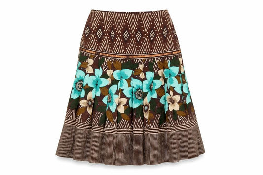 Front view of Kaliko women’s brown floral linen trumpet skirt, size UK 14, zip