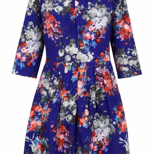 Louche Womens Blue Floral Polyester Fit & Flare Size 10 Round Neck Zip