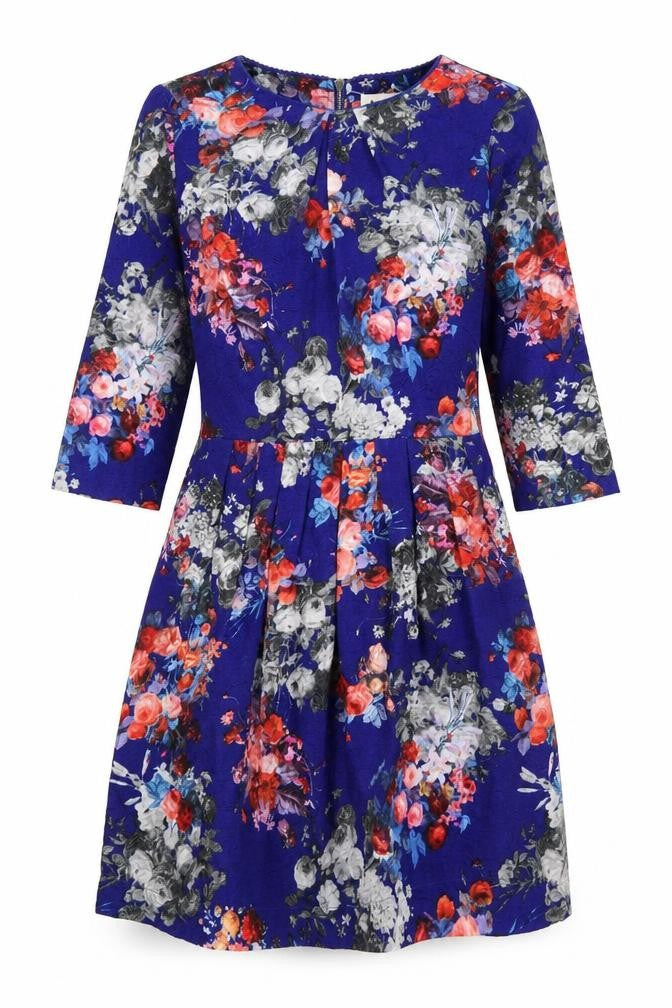 Louche Womens Blue Floral Polyester Fit & Flare Size 10 Round Neck Zip