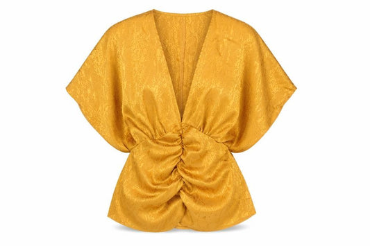 Front view of ASOS women’s yellow animal print polyester basic blouse, size UK 10, v-neck - snake skin peplum