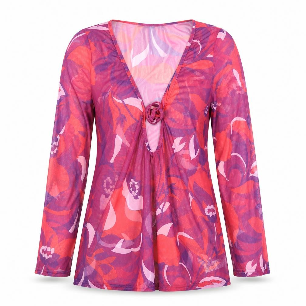 Front view of Atmosphere women’s multicoloured geometric polyester tunic blouse, size UK 12, v-neck
