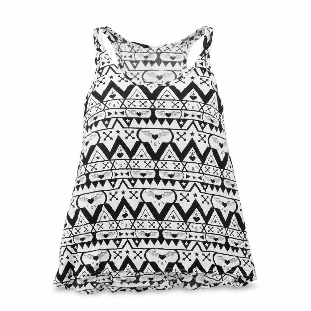 Front view of H&M women’s white geometric viscose basic tank, size UK 6, scoop neck