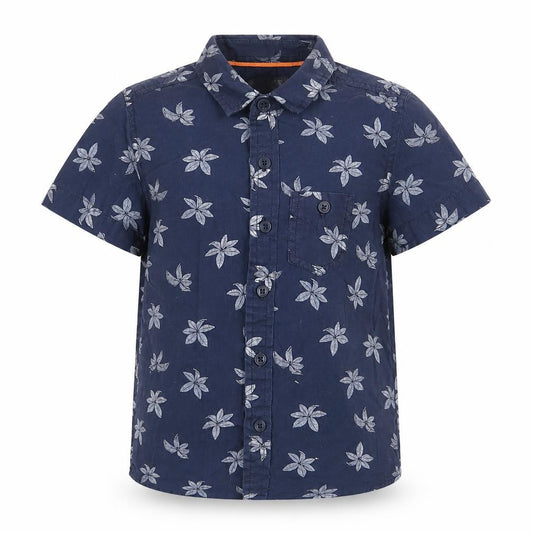 Front view of Outrage London boys’ blue geometric cotton basic button-up, size 3-4, years collared button - leaf pattern