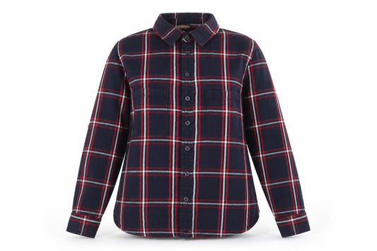 Front view of Avenue women’s blue plaid viscose basic button-up, size UK 8, collared