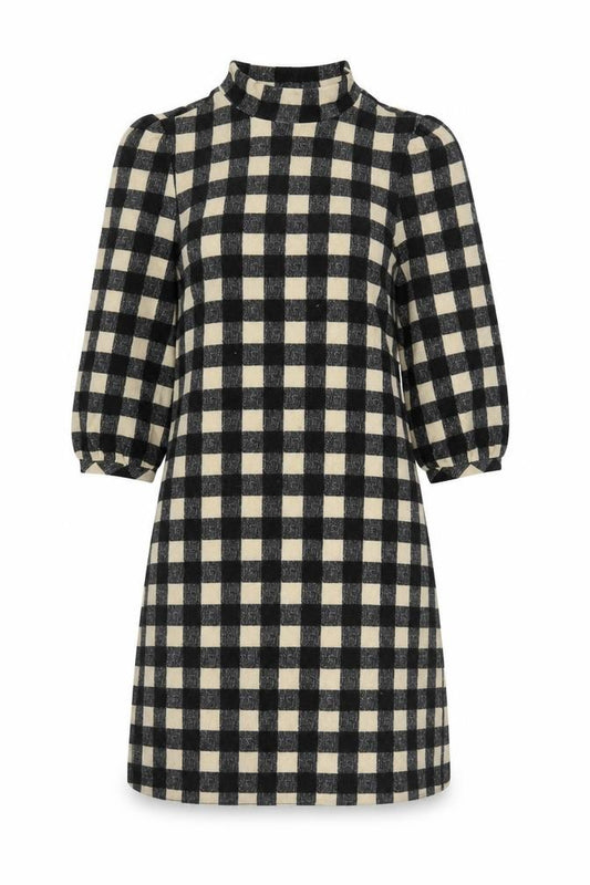 Front view of Monteau women’s black gingham polyester a-line, size M, mock neck pullover
