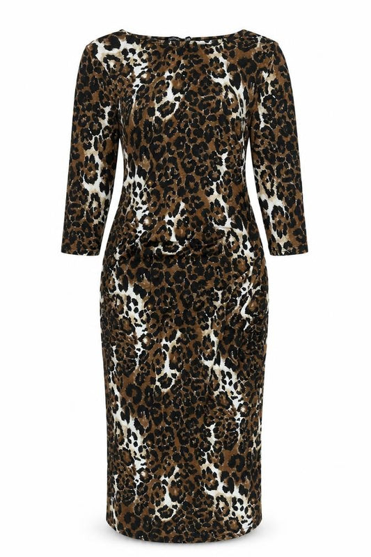 Front view of Boohoo women’s multicoloured animal print viscose ball gown, size UK 12, round neck pullover