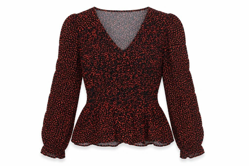 Front view of Marks & Spencer women’s black geometric viscose basic blouse, size UK 8, v-neck