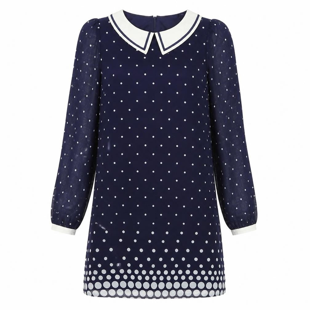 Front view of Be Beau women’s blue polka dot polyester a-line, size UK 12, collared zip