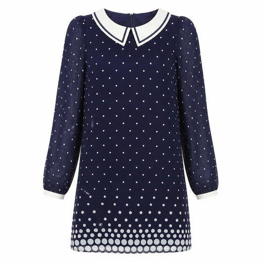 Front view of Be Beau women’s blue polka dot polyester a-line, size UK 12, collared zip