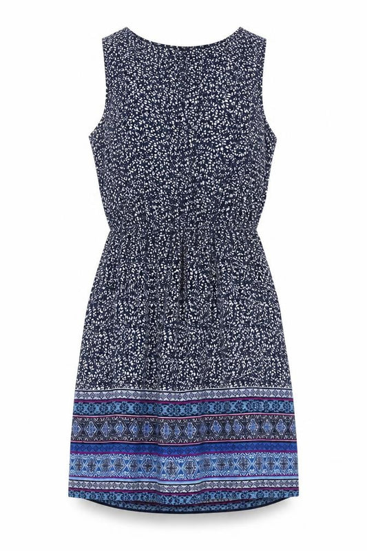 Front view of Gap women’s blue geometric polyester a-line, size M, v-neck pullover - elasticated waist